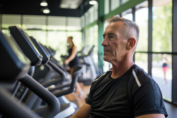 Fototapeta na wymiar A senior man dedicates time to fitness in the gym, embodying the idea that staying active contributes to a vibrant and fulfilling life