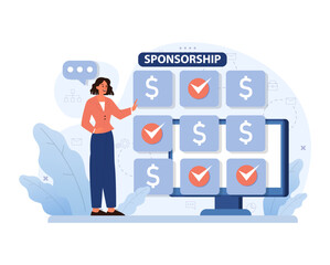 Businesswoman showcasing sponsorship opportunities on digital screen. Navigating potential financial support. Sealed deals with check marks. Flat vector illustration