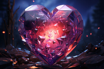 A pink big diamond heart with a light coming from the middle standing on gray rocks. Blurred dark forest with dead trees in the background. - obrazy, fototapety, plakaty