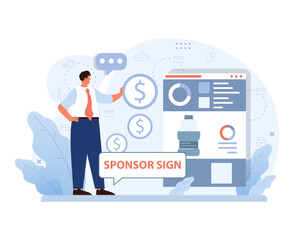 Professional presenting sponsorship opportunities on a digital interface. Money icons hover as he highlights the sponsor sign. Engaging presentation for potential backers. Flat vector illustration