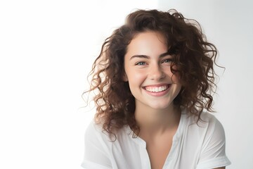 Smiling Woman Portrait on White Background, Natural Light, Happiness, Joyful, Cheerful
