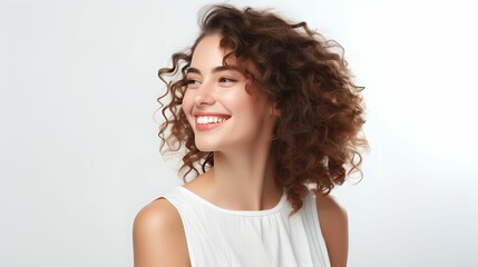Happy Woman with Bright Smile on White, Close-Up, White Backdrop, Cheerful, Joy