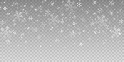 Falling snowflakes with blurry snowy particles on transparent background. Christmas snow effect. Vector illustration.