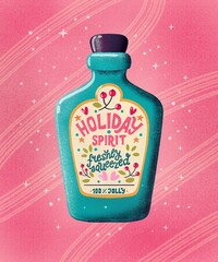Blue bottle with hand lettering holiday spirit. Cute festive winter holiday illustration. Bright colorful pink and blue greeting card.