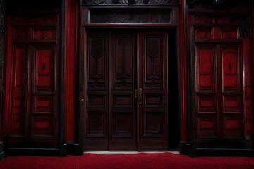 A Halloween haunted mansion is accessible through eerie old doors with a scarlet inside - obrazy, fototapety, plakaty