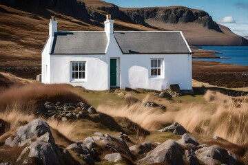A lovely winter's day by the coast with a white painted croft home - obrazy, fototapety, plakaty