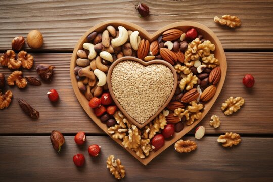 different nuts and seets arranged in the shape of a heart