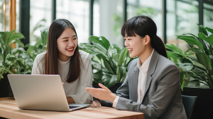 Two Asian women sitting in front of a laptop against office background with green plants.