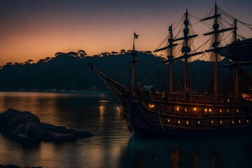 At sunset, a pirate ship in a tropical bay or cove, picturesque