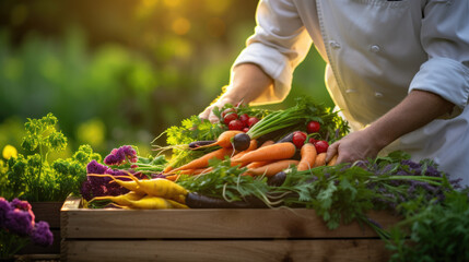 Farmers hands carefully selecting and presenting an array of fresh, organic vegetables