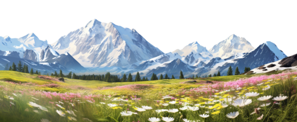 Alpine flowery meadow amidst snow-capped mountains, cut out