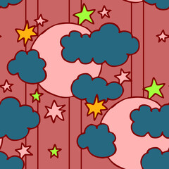 Starry night seamless vector pattern with moon, stars and clouds. Boho style decorative background for wallpaper, digital paper, wrapping design, fashion fabric, textile print. Hand drawn illustration