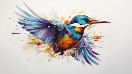 a lively and colorful representation of a kingfisher, its iridescent feathers and sharp beak portrayed in vivid shades on a white surface, capturing the agile and fierce nature of these birds.