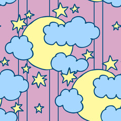 Starry night seamless vector pattern with moon, stars and clouds. Boho style decorative background for wallpaper, digital paper, wrapping design, fashion fabric, textile print. Hand drawn illustration