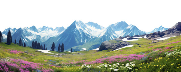 Alpine flowery meadow amidst snow-capped mountains, cut out - obrazy, fototapety, plakaty