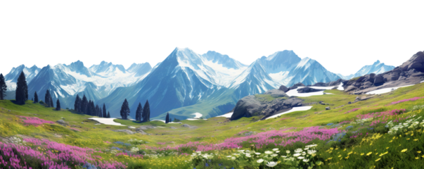 Alpine flowery meadow amidst snow-capped mountains, cut out