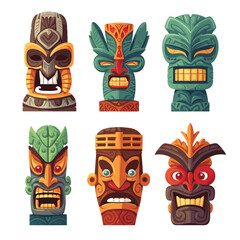 Hawaii tiki masks idols cartoon icon set. Vector icons isolated