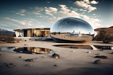 Concept house with futuristic transportation, sci-fi, futuristic home, waterfront modern house, modern architecture - GENERATIVE AI