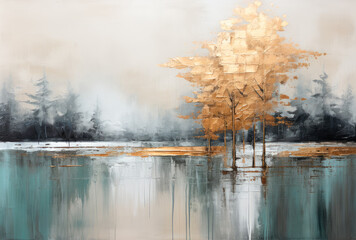 Splashes of bright paint on the canvas. Landscape. Gold, black, blue and gray colors. Interior painting. Beautiful background. Generative AI.