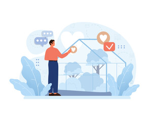 Man appreciates urban greenhouse, merging modern city living with nature. Prioritizing eco-friendly approaches and urban agriculture, he feels contentment. Flat vector illustration