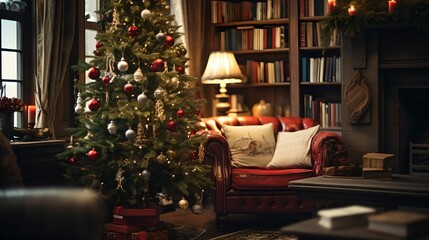 Naklejka na ściany i meble Cozy Living Room with Christmas Decorations, Christmas decorations, festive home, cozy living room, decorated tree