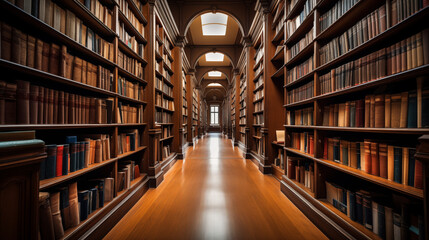 Books on shelves in the library. Library interior.