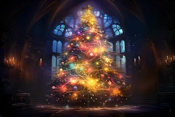 Obraz premium Digital Illustration of Magical Christmas Tree, digital illustration, magical Christmas tree, fairy lights, whimsical decorations