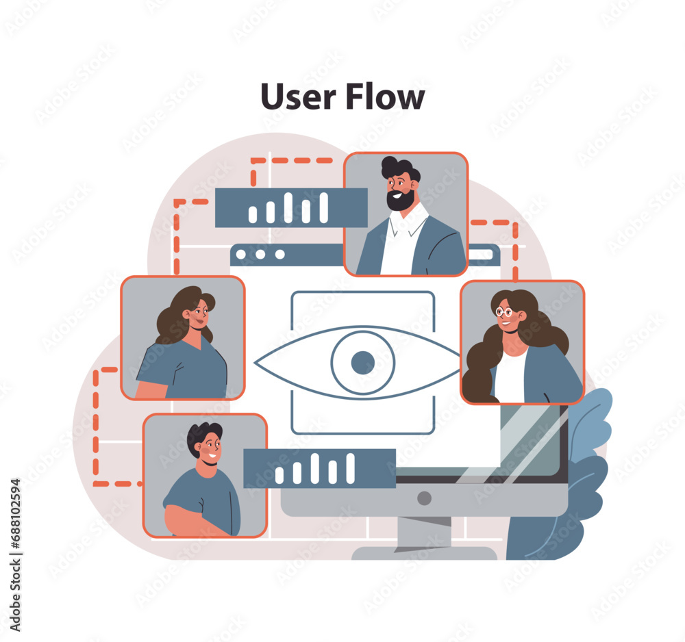 Wall mural user flow visualization concept. team interacts through digital interface, highlighting journey mapp