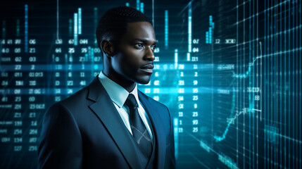 Un homme d'affaires face à un écran holographique rempli de chiffres et de courbes : comptabilité, audit, data et analyse financière - obrazy, fototapety, plakaty