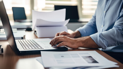 Close-up of a man's hands typing on a laptop keyboard, with a stack of paperwork beside them