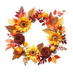 Beautiful round autumn wreath, decorative floral frame isolated on transparent background, png clip art design element.