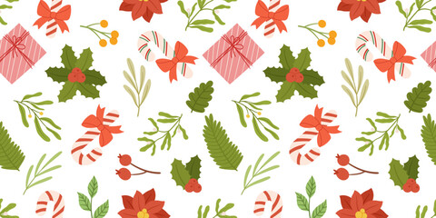 Christmas seamless pattern design with traditional candy cane with bow, holly berry plant, spruce branch, poinsettia, gift box and others green plants. Great for fabric, textile print or wrapping