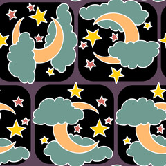 Starry night seamless vector pattern with moon, stars and clouds. Boho style decorative background for wallpaper, digital paper, wrapping design, fashion fabric, textile print. Hand drawn illustration
