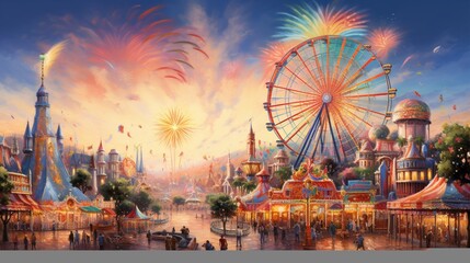 a lively carnival atmosphere, its vibrant colors and playful decorations capturing the joyous spirit of celebration and festivity, inviting viewers to immerse themselves in the magic of the moment. - obrazy, fototapety, plakaty