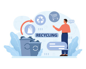 Modern recycling: man guiding digital waste reduction strategies with bin and eco icons. Streamlined tech meets sustainability. Flat vector illustration.