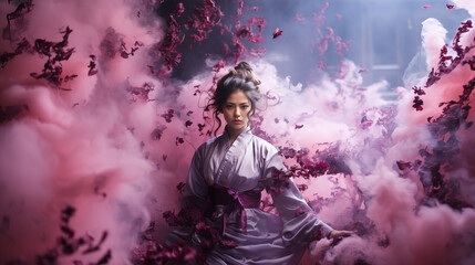 Violet,warrior woman, in pink and violet smoke.