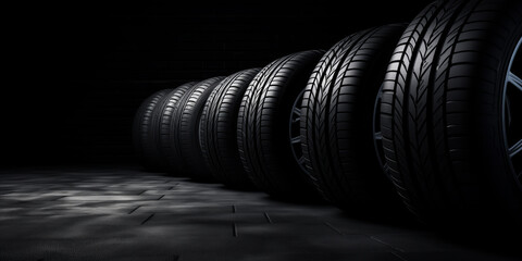 New car tires in a row, low key, on black background - obrazy, fototapety, plakaty
