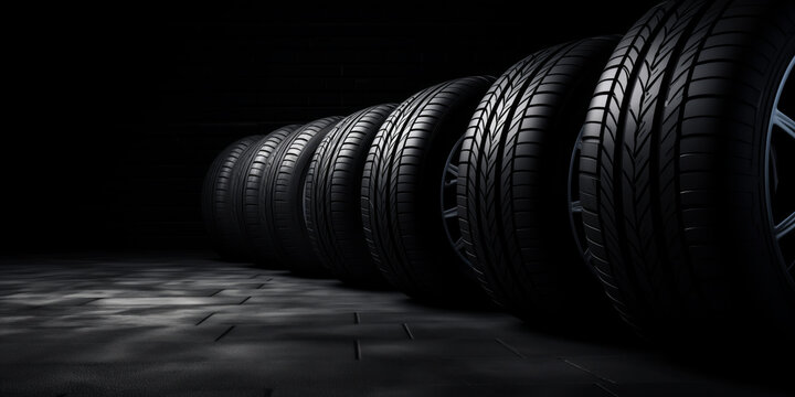 New car tires in a row, low key, on black background