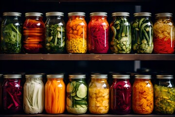 Colorful Fermented Vegetables in Jars, colorful, fermented veggies, glass jars, food preservation - obrazy, fototapety, plakaty