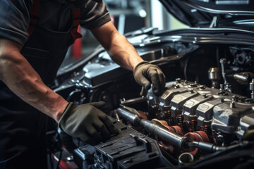 Fototapeta na wymiar Auto mechanic repairs car in garage. Car maintenance in auto repair shop