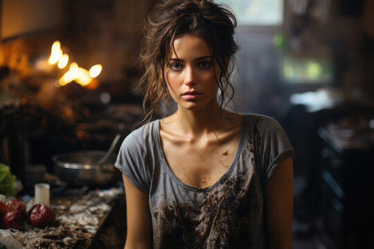 Depressed exhausted woman in messy kitchen. Routine and household chores