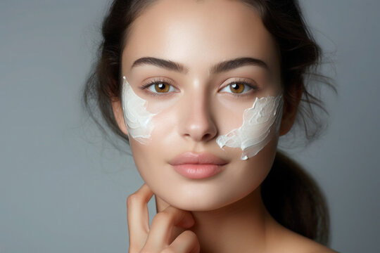 Beautiful woman applying moisturizer cream on her face. Cosmetic procedure for skin care