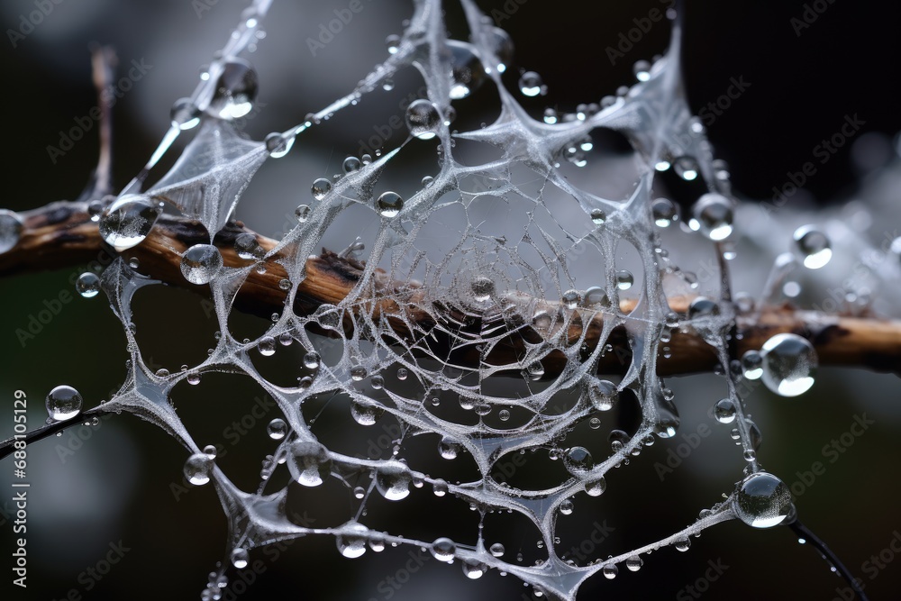 Wall mural closeup of a spiderweb with dew drops on a tree
