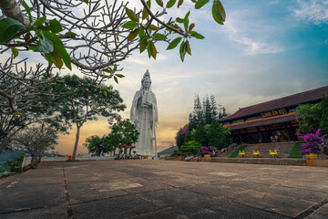 Aerial view of Linh An Pagoda, DaLat city, Lam Dong province, Vietnam. A statue is white and 71 meters high, near Thac Voi - Elephant waterfall