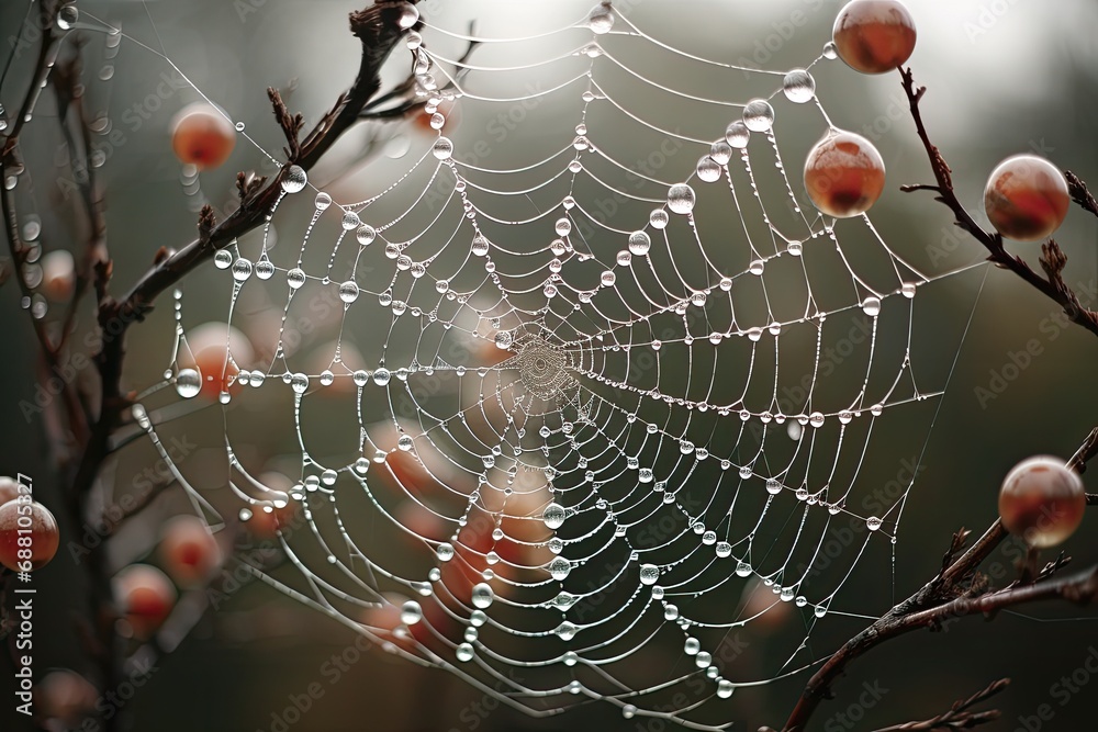 Wall mural closeup of a spiderweb with dew drops on a tree