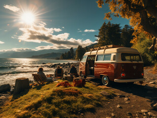 romantic camping with a camper by the sea with a campfire, AI generated