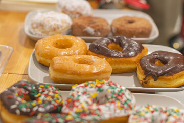 Fresh donuts on display ready to eat