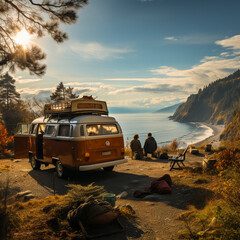 romantic camping with a camper by the sea with a campfire, AI generated - obrazy, fototapety, plakaty