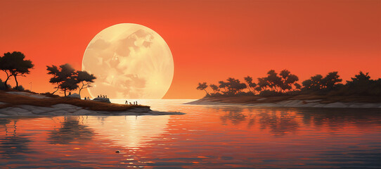 Fantasy landscape with a full moon on the background of the sea. Supermoon.