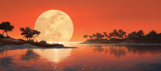 Papier Peint photo Brique Fantasy landscape with a full moon on the background of the sea. Supermoon.